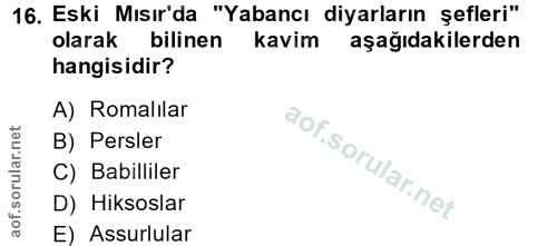16. soru: Eski Mısır'da "Yabancı diyarların şefleri" olarak bilinen kavim aşağıdakilerden hangisidir? A)Romalılar B) Persler C)…