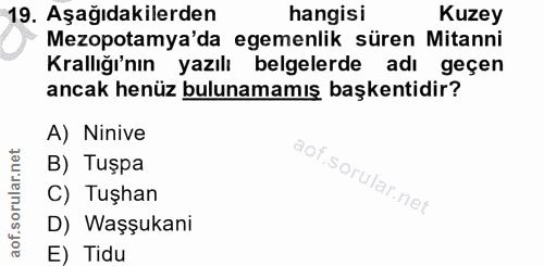 19. soru: Aşağıdakilerden hangisi Kuzey Mezopotamya'da egemenlik süren Mitanni Krallığı'nın yazılı belgelerde adı geçen ancak h…