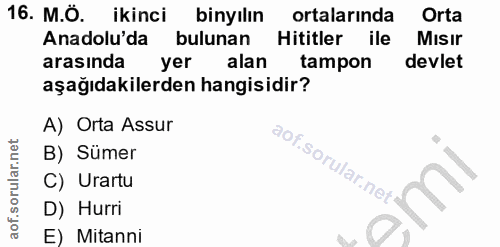 16. soru: M.Ö. ikinci binyılın ortalarında Orta Anadolu'da bulunan Hititler ile Misir arasında yer alan tampon devlet aşağıdaki…