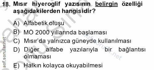 18. soru: Mısır hiyeroglif yazışının belirgin özelliği aşağıdakilerden hangisidir? A) Alfabetik oluşu B) MÔ 2000 yıllarında baş…