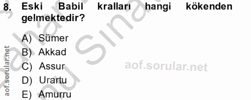8. soru: Eski Babil kralları hangi kökenden gelmektedir? A) Sümer B) Akkad C) Assur D) Urartu E) Amurru