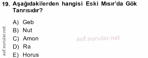 19. soru: Aşağıdakilerden hangisi Eski Mısır'da Gök Tanrısıdır? A) Geb B) Nut C) Amon D) Ra E) Horus