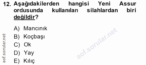 12. soru: Aşağıdakilerden hangisi Yeni Assur ordusunda kullanılan silahlardan biri değildir? A) Mancınık B) Koçbaşı C) Ok D) Ya…