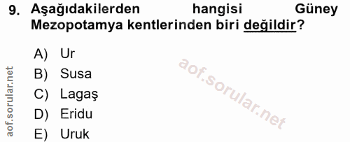 9. soru: Aşağıdakilerden hangisi Güney Mezopotamya kentlerinden biri değildir? A) Ur B) Susa C) Lagaş D) Eridu E) Uruk