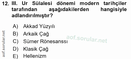 12. soru: IlI. Ur Sülalesi dönemi modern tarihçiler tarafından aşağıdakilerden hangisiyle adlandırılmıştır? A) Akkad Yüzyılı B)…