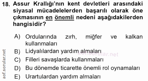 18. soru: Assur Krallığı'nın kent devletleri arasındaki siyasal mücadelelerden başarılı olarak öne çıkmasının en önemli nedeni…