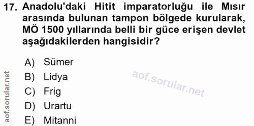 17. soru: Anadolu'daki Hitit imparatorluğu ile Mısır arasında bulunan tampon bölgede kurularak, MÔ 1500 yıllarında belli bir gü…