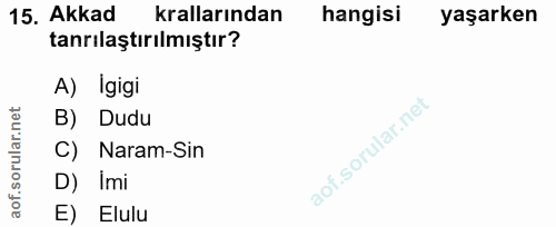 15. soru: Akkad krallarından hangisi yaşarken tanrılaştırılmıştır? A) İgigi B) Dudu of. C) Naram-Sin D) Imi E Elulu