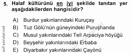 5. soru: Halaf kültürünü en iyi şekilde tanıtan yer aşağıdakilerden hangisidir? A) Burdur yakınlarındaki Kuruçay B) Tuz Gölü'n…