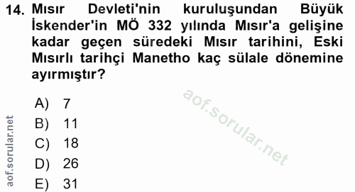 14. soru: Misir Devleti'nin kuruluşundan Büyük Iskender'in MÖ 332 yılında Mısır'a gelişine kadar geçen süredeki Mısır tarihini,…