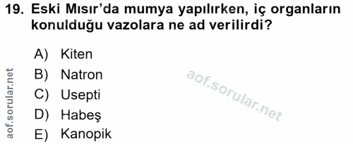 19. soru: Eski Mısır'da mumya yapılırken, iç organların konulduğu vazolara ne ad verilirdi? A) Kiten B) Natron C) Usepti D) Hab…