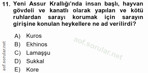 11. soru: Yeni Assur Krallığı'nda insan başlı, hayvan gövdeli ve kanatlı olarak yapılan ve kötü ruhlardan sarayı korumak için s…