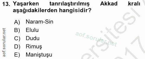 13. soru: Yaşarken tanrılaştırılmış Akkad krall aşağıdakilerden hangisidir? A) Naram-Sin B) Elulu C) Dudu aof sorulasiet D) Rim…
