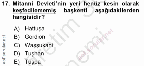 17. soru: Mitanni Devleti'nin yeri henüz kesin olarak keşfedilememiş başkenti aşağıdakilerden hangisidir? A) Hattuşa irinet B)…