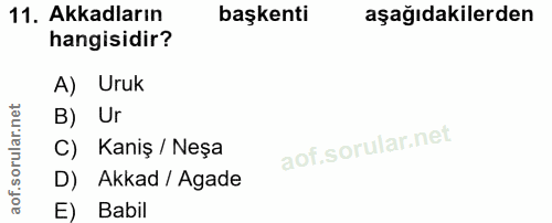 11. soru: Akkadların başkenti aşağıdakilerden hangisidir? A) Uruk B) Ur C) Kaniş / Neşa D) Akkad / Agade E) Babil