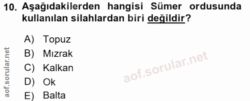 10. soru: Aşağıdakilerden hangisi Sümer ordusunda kullanılan silahlardan biri değildir? A) Topuz B) Mızrak C) Kalkan D) Ok E) B…