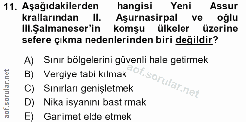 11. soru: Aşağıdakilerden hangisi Yeni Assur krallarından II. Aşurnasirpal ve oglu III.Şalmaneser'in komşu ülkeler üzerine sefe…