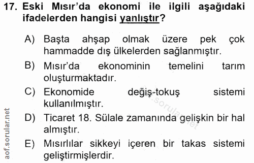 17. soru: Eski Mısır'da ekonomi ile ilgili aşağıdaki ifadelerden hangisi yanlıştır? A) Başta ahşap olmak üzere pek çok hammadde…
