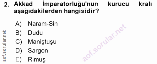 2. soru: Akkad İmparatorluğu'nun kurucu kralı aşağıdakilerden hangisidir? A) Naram-Sin B) Dudu C) Maniştuşu D) Sargon E) Rimuş