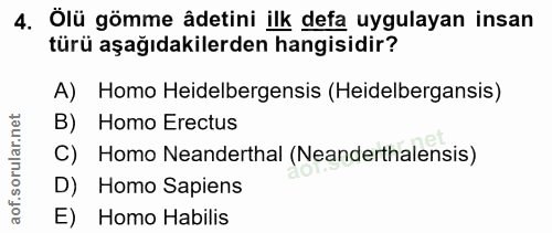 4. soru: Ölü gömme âdetini ilk defa uygulayan insan türü aşağıdakilerden hangisidir? A) Homo Heidelbergensis (Heidelbergansis)…