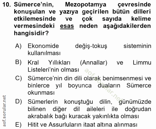 10. soru: Sümerce'nin, Mezopotamya çevresinde konuşulan ve yazıya geçirilen bütün dilleri etkilemesinde ve çok sayıda kelime ve…