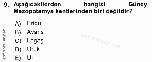 9. soru: Aşağıdakilerden hangisi Güney Mezopotamya kentlerinden biri değildir? A) Eridu B) Avaris C) Lagaş D) Uruk E) Ur