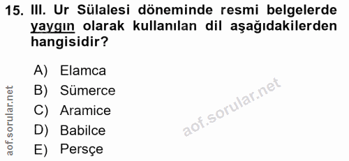 15. soru: III. Ur Sülalesi döneminde resmi belgelerde yaygın olarak kullanılan dil aşağıdakilerden hangisidir? A) Elamca B) Süm…