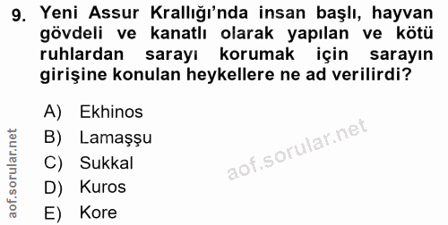 9. soru: Yeni Assur Krallığı'nda insan başlı, hayvan gövdeli ve kanatlı olarak yapılan ve kötü ruhlardan sarayı korumak için s…