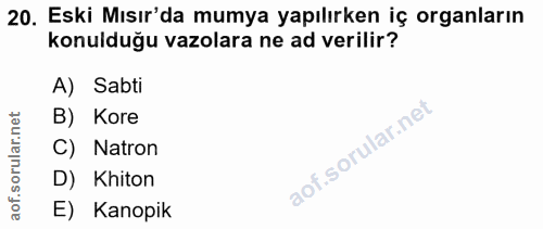 20. soru: Eski Mısır'da mumya yapılırken iç organların konulduğu vazolara ne ad verilir? A) Sabti rular.net B) Kore C) Natron a…