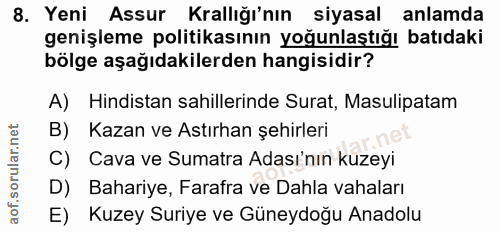 8. soru: Yeni Assur Krallığı'nın siyasal anlamda genişleme politikasının yoğunlaştığı batıdaki bölge aşağıdakilerden hangisidi…