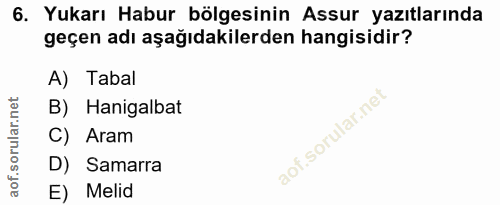 6. soru: Yukarı Habur bölgesinin Assur yazıtlarında geçen adı aşağıdakilerden hangisidir? A) Tabal B) Hanigalbat C) Aram D) Sa…