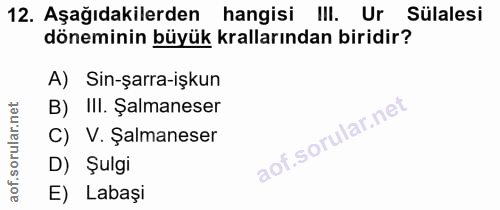 12. soru: Aşağıdakilerden hangisi III. Ur Sülalesi döneminin büyük krallarından biridir? A) Sin-şarra-işkun B) Ili. Salmaneser…