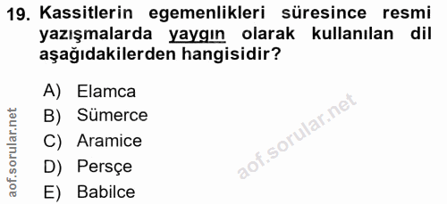 19. soru: Kassitlerin egemenlikleri süresince resmi yazışmalarda yaygın olarak kullanılan dil aşağıdakilerden hangisidir? A) El…