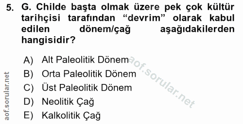 5. soru: G. Childe başta olmak üzere pek çok kültür tarihçisi tarafından "devrim" olarak kabul edilen dönem/çağ aşağıdakilerde…