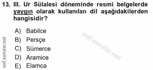 13. soru: III. Ur Sülalesi döneminde resmi belgelerde yaygın olarak kullanılan dil aşağıdakilerden hangisidir? A) Babilce B) Pe…