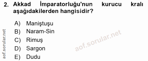 2. soru: Akkad Imparatorluğu'nun kurucu kralı aşağıdakilerden hangisidir? A) Maniştuşu B) Naram-Sin C) Rimuş D) Sargon E) Dudu