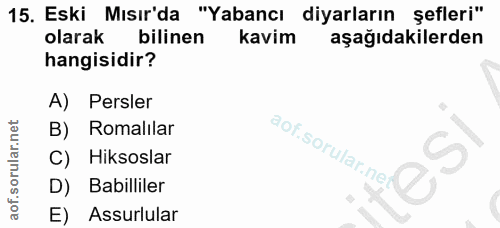15. soru: Eski Mısır'da "Yabancı diyarların şefleri" olarak bilinen kavim aşağıdakilerden hangisidir? A) Persler B) Romalılar C…