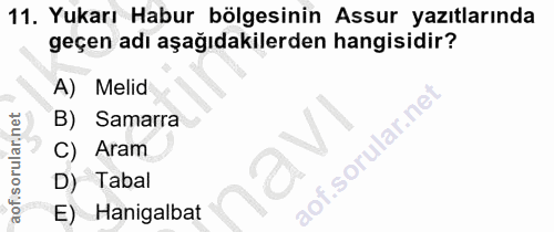 11. soru: Yukarı Habur bölgesinin Assur yazıtlarında geçen adı aşağıdakilerden hangisidir? A) Melid B) Samarra aofi C) Aram D)…