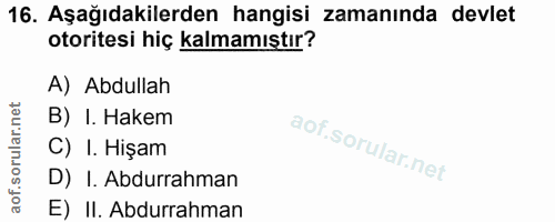 16. soru: Aşağıdakilerden hangisi zamanında devlet otoritesi hiç kalmamıştır? A) Abdullah B) I. Hakem C) I. Hişam D) I. Abdurra…