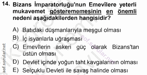 14. soru: Bizans İmparatorluğu'nun Emevilere yeterli mukavemet gösterememesinin en önemli nedeni aşağıdakilerden hangisidir? A)…