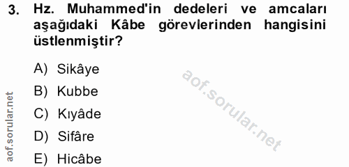 3. soru: Hz. Muhammed'in dedeleri ve amcaları aşağıdaki Kâbe görevlerinden hangisini üstlenmiştir? A) Sikâye B) Kubbe C) Kıyâd…