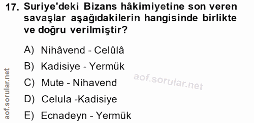17. soru: Suriye'deki Bizans hâkimiyetine son veren savaşlar aşağıdakilerin hangisinde birlikte ve doğru verilmiştir? A) Nihâve…