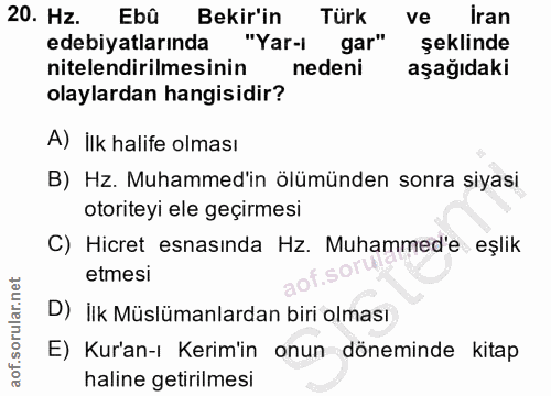 20. soru: Hz. Ebû Bekir'in Türk ve İran edebiyatlarında "Yar-ı gar" şeklinde nitelendirilmesinin nedeni aşağıdaki olaylardan ha…