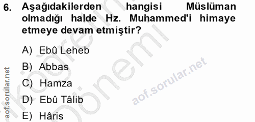 6. soru: Aşağıdakilerden hangisi Müslüman olmadığı halde Hz. Muhammed'i himaye etmeye devam etmiştir? A) Ebû Leheb B) Abbas C)…