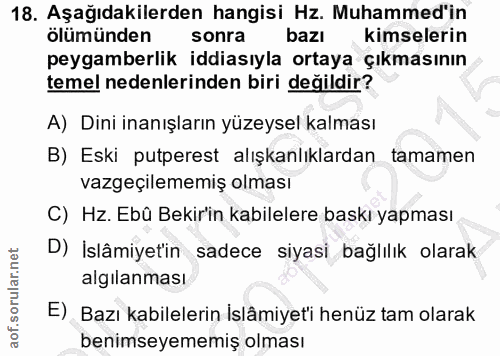 18. soru: Aşağıdakilerden hangisi Hz. Muhammed'in ölümünden sonra bazı kimselerin peygamberlik iddiasıyla ortaya çıkmasının tem…