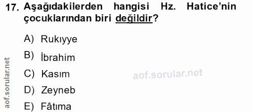 17. soru: Aşağıdakilerden hangisi Hz. Hatice'nin çocuklarından biri değildir? A) Rukıyye B) ibrahim ar. C) Kasım sorul D) Zeyne…