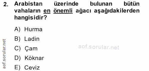 2. soru: Arabistan üzerinde bulunan bütün vahaların en onemli agacı aşagıdakılerden hangisidir? A) Hurma B) Ladin aof.sorular.…