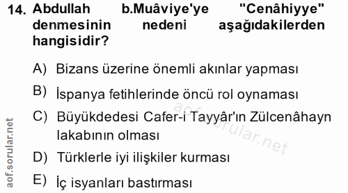 14. soru: Abdullah b.Muâviye'ye "Cenâhiyye" denmesinin nedeni aşağıdakilerden hangisidir? A) Bizans üzerine önemli akınlar yapm…