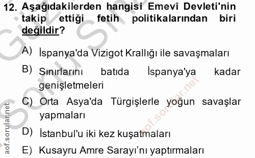 12. soru: Aşağıdakilerden hangisi Emevî Devleti'nin takip ettiği fetih politikalarından biri değildir? A) İspanya'da Vizigot Kr…