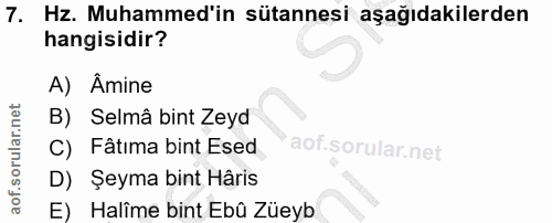 7. soru: Hz. Muhammed'in sütannesi aşağıdakilerden hangisidir? A) Âmine B) Selmâ bint Zeyd C) Fâtıma bint Esed D) Şeyma bint H…